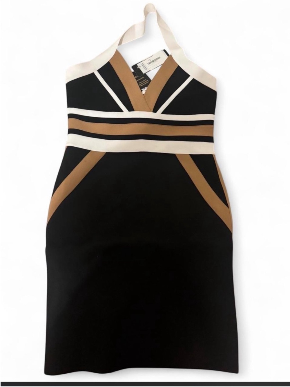 bebe One-Shoulder Black Dress with White and Tan Accents